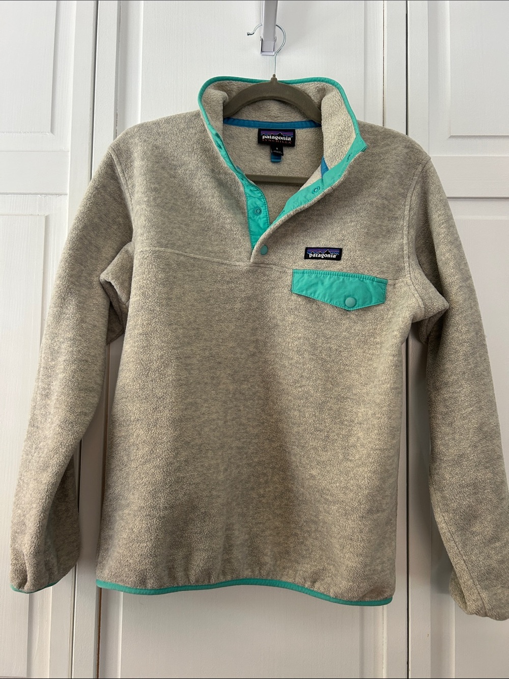Patagonia Synchilla Heather Gray Fleece Pullover with Teal Trim